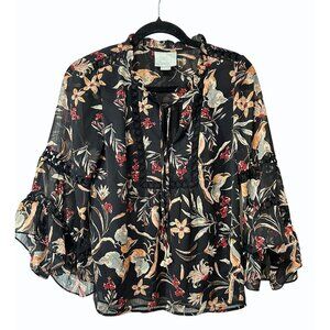 Maeve Odette Black Bird Floral Peasant Blouse Embroidered Tassels Boho Flowy XS